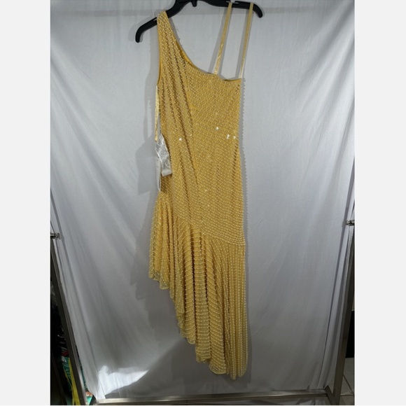 NWT $598 Mac Duggal [ 6 ] Pearl One Shoulder Asymmetrical Hem‎ Dress Yellow - Picture 13 of 15